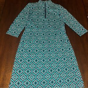 Katherine Way Doral Dress Navy Aqua Blue Geometric Pattern 3/4 Sleeve Size Small